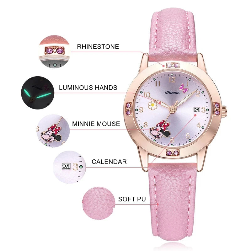 Disney Cartoon Minnie Girl Watch Women Calendar Gift Quartz Cute Crystal Kids Watches Children Clock Gifts Birthday Present