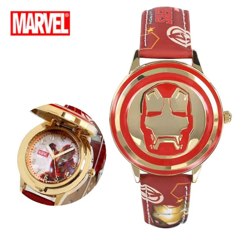 Disney spiderman Kids watch Captain America ironman children's watches Leather Quartz Flip Metal Case Watches Boys Clock gifts