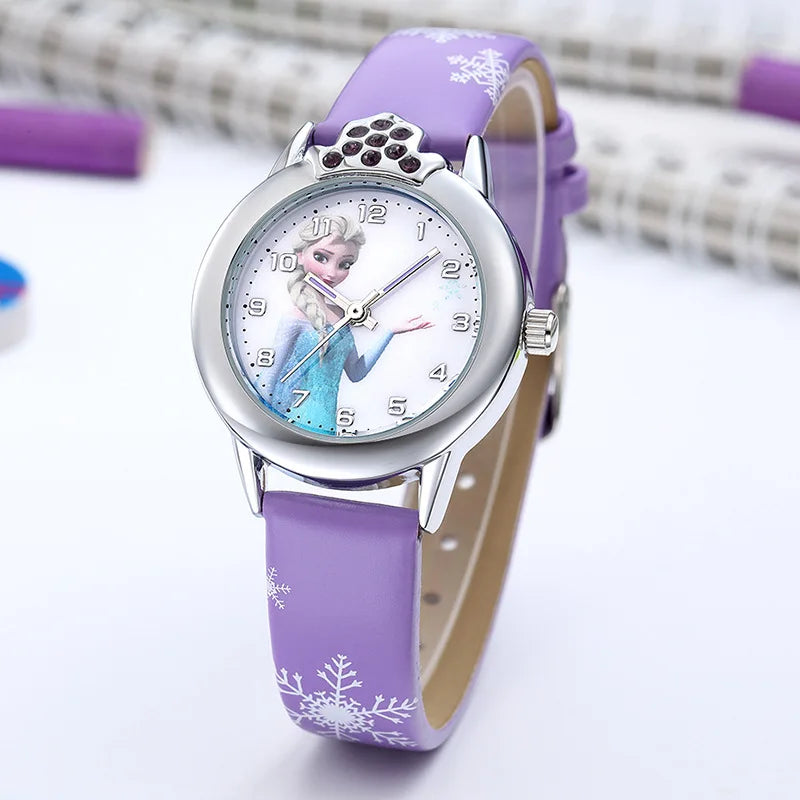 Elsa Watch Girls Elsa Princess Kids Watches Leather Strap Cute Children's Cartoon Wristwatches Gifts for Kids Girl Frozen Clock