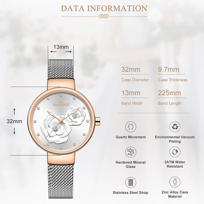 Women Watch NAVIFORCE Top Luxury Brand Steel Mesh Waterproof Ladies Watches Flower Quartz Female Wristwatch Charming Girl Clock