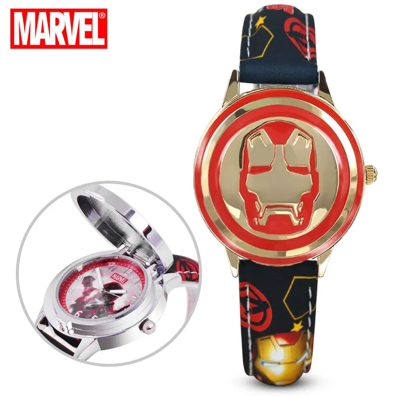 Disney spiderman Kids watch Captain America ironman children's watches Leather Quartz Flip Metal Case Watches Boys Clock gifts