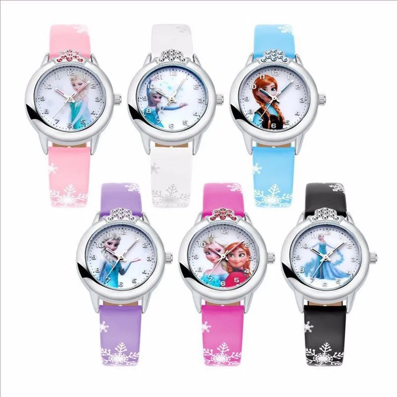 Elsa Watch Girls Elsa Princess Kids Watches Leather Strap Cute Children's Cartoon Wristwatches Gifts for Kids Girl Frozen Clock