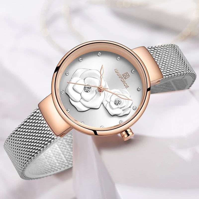 Women Watch NAVIFORCE Top Luxury Brand Steel Mesh Waterproof Ladies Watches Flower Quartz Female Wristwatch Charming Girl Clock