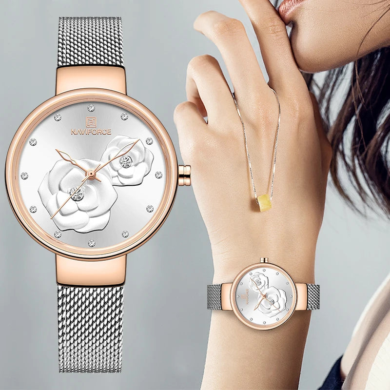 Women Watch NAVIFORCE Top Luxury Brand Steel Mesh Waterproof Ladies Watches Flower Quartz Female Wristwatch Charming Girl Clock