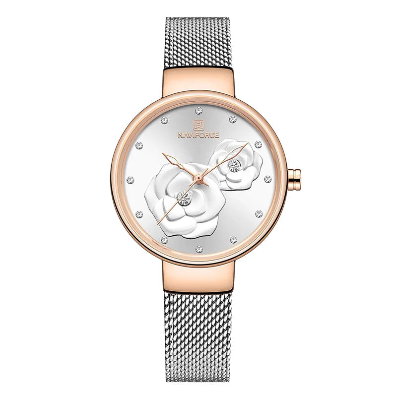 Women Watch NAVIFORCE Top Luxury Brand Steel Mesh Waterproof Ladies Watches Flower Quartz Female Wristwatch Charming Girl Clock