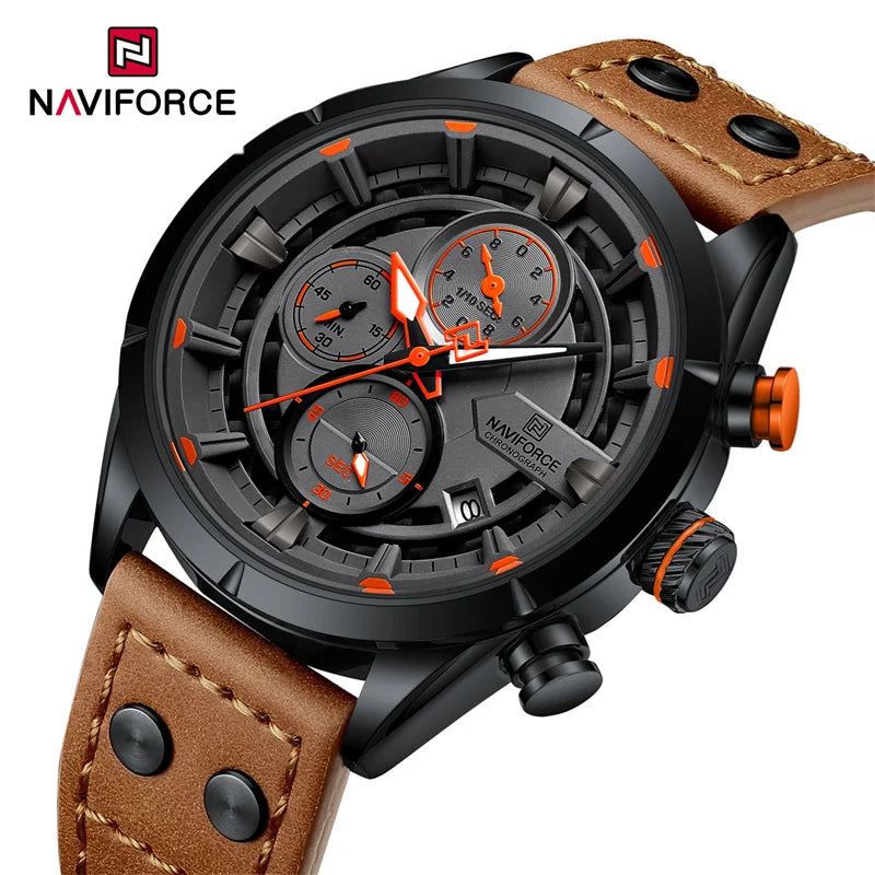 NAVIFORCE Men Casual Watch Fashion Luxury Waterproof Genuine Leather Strap Male Chronograph Quartz WristWatch Relogio Masculino