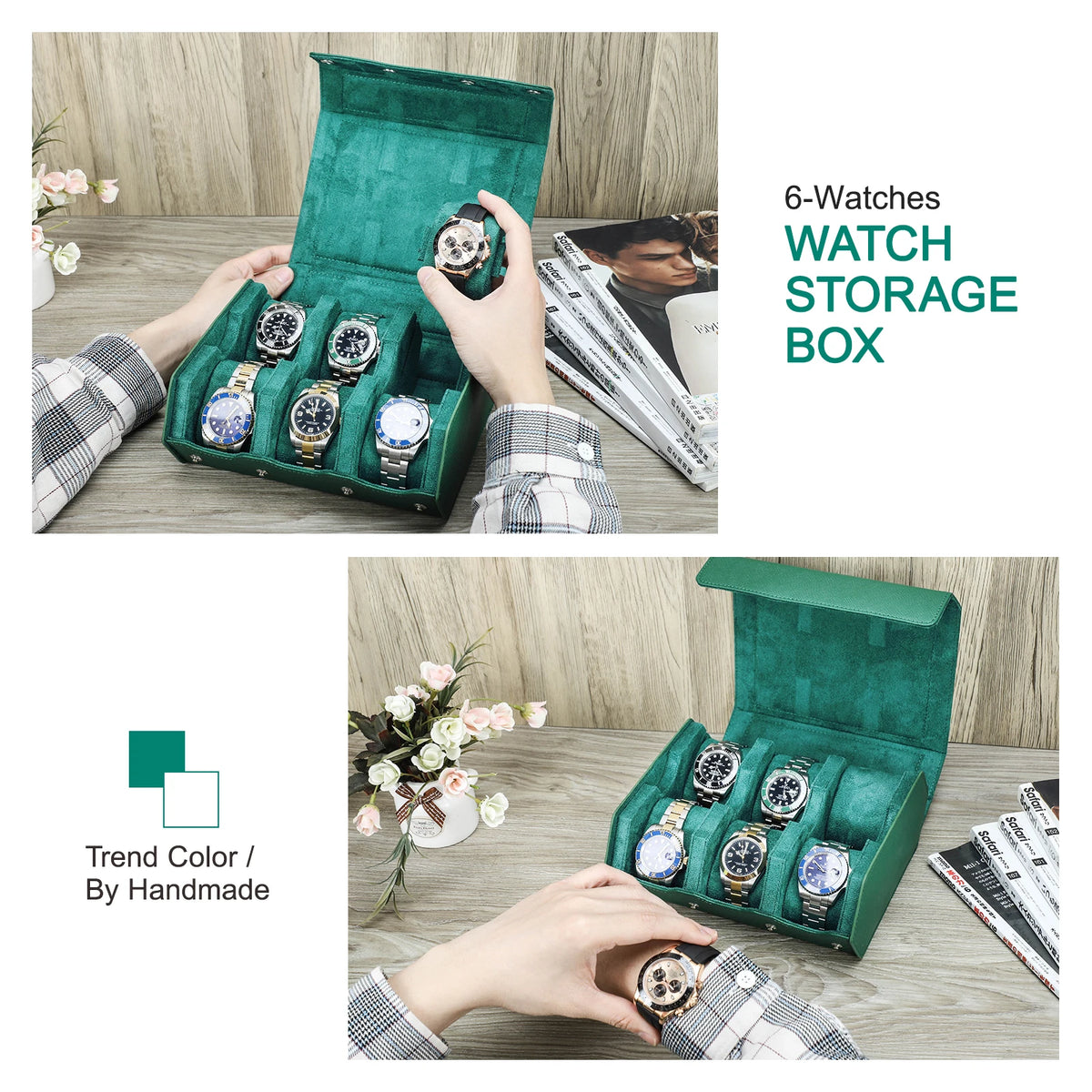 Exquisite Green Genuine Leather Hexagon Watch Display Case 2 / 3 / 4 / 6 / 8 Slots Watches Roll Box Storage Organizer Holder