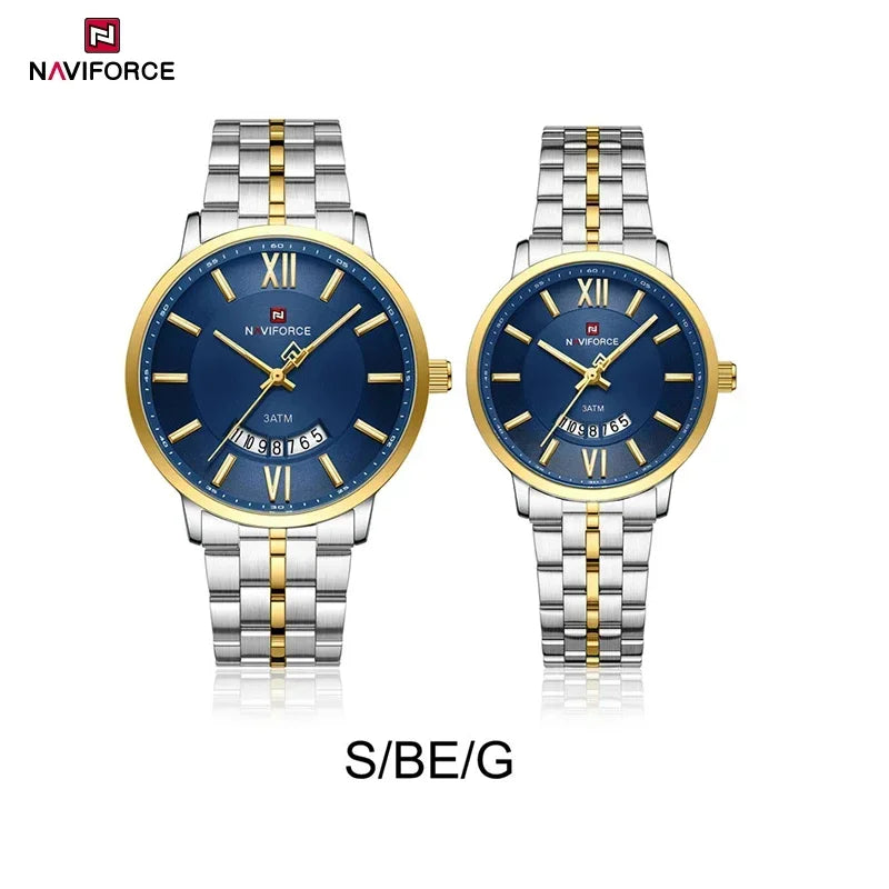 NAVIFORCE Luxury Couple Watch Golden Fashion Stainless Steel Lovers Watch Quartz Wrist Watches For Women Men Simple Wristwatch