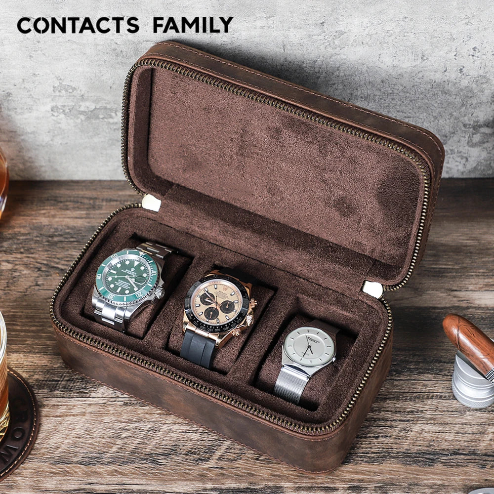 CONTACT'S FAMILY 3 Grids Genuine leather Watch Case Jewellery Travel Storage Box for Ring Earrings Cufflinks Men Women Best Gift