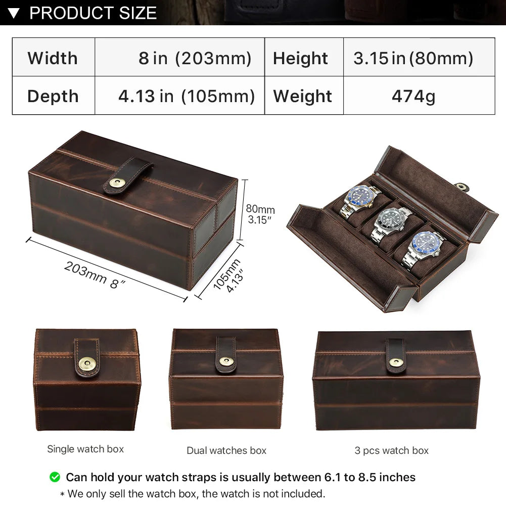 CONTACT'S FAMILY Retro Genuine Leather Luxury 3 Slots Storage Case with Metal Button Travel Portablel Protectice Watch Holder