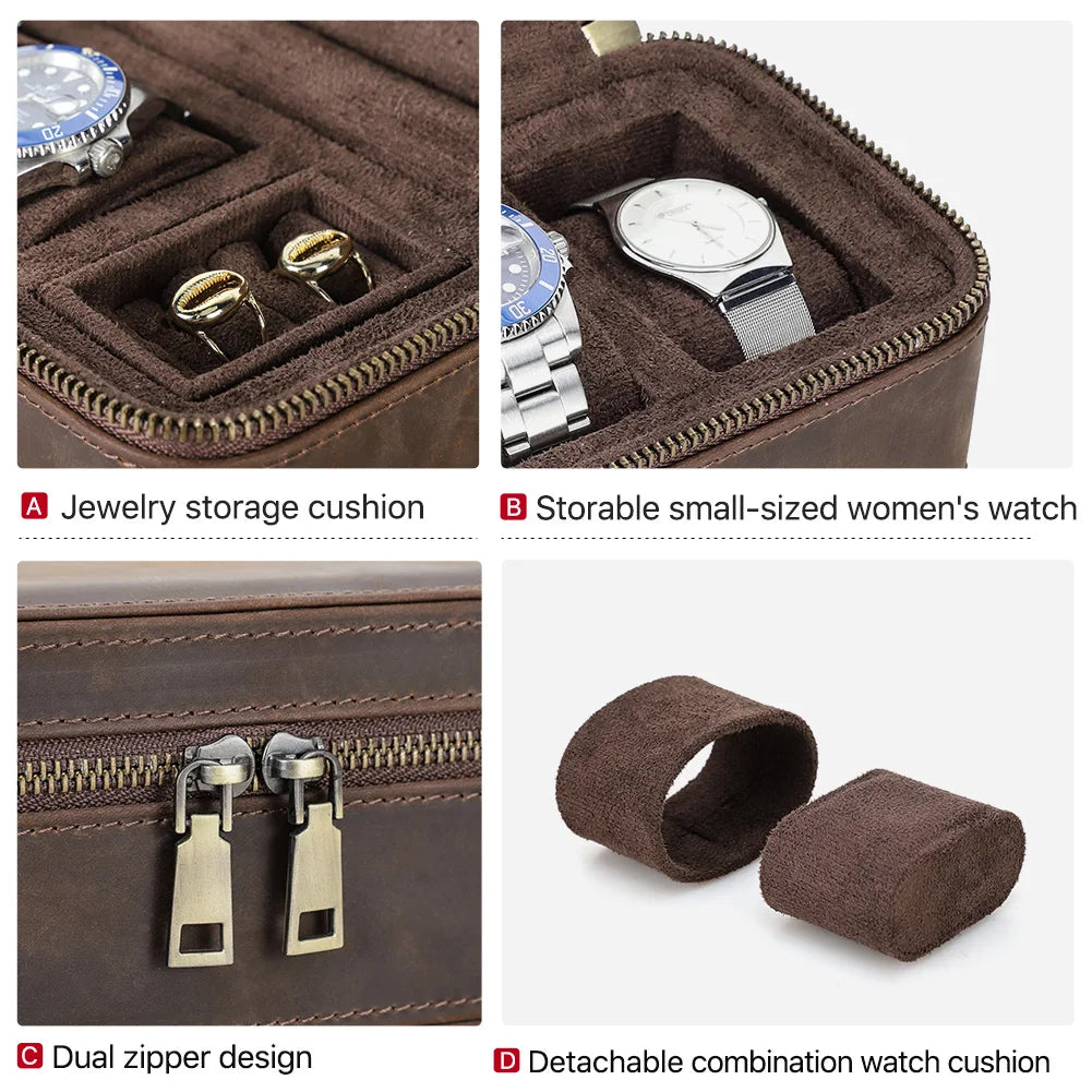 CONTACT'S FAMILY 3 Grids Genuine leather Watch Case Jewellery Travel Storage Box for Ring Earrings Cufflinks Men Women Best Gift