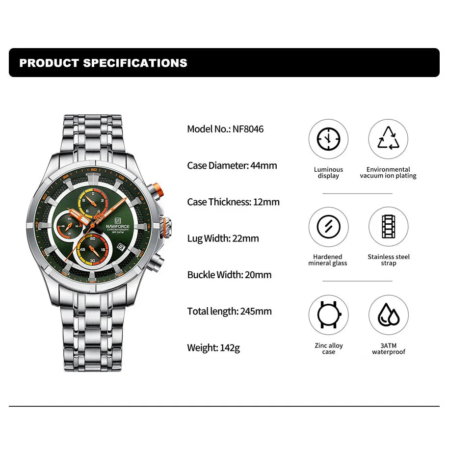 NAVIFORCE Luxury Brand Watch for Men Stainless Steel Strap Chronograph Clock Male Sport Casual Waterproof Quartz Wristwatch 2024