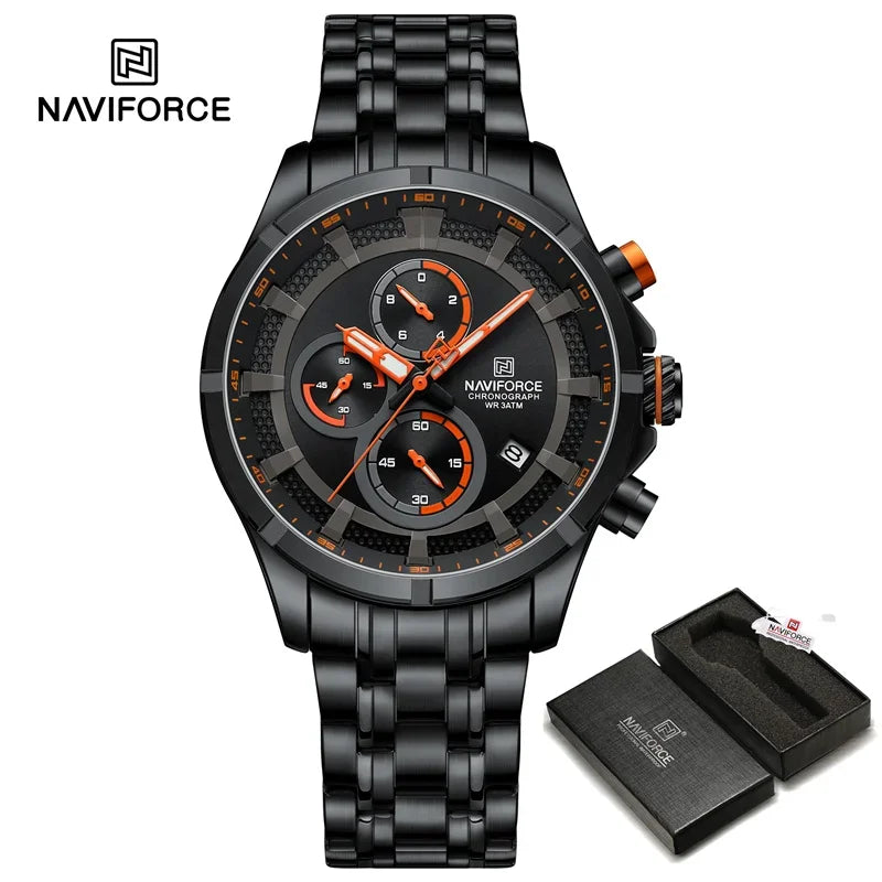 NAVIFORCE Luxury Brand Watch for Men Stainless Steel Strap Chronograph Clock Male Sport Casual Waterproof Quartz Wristwatch 2024