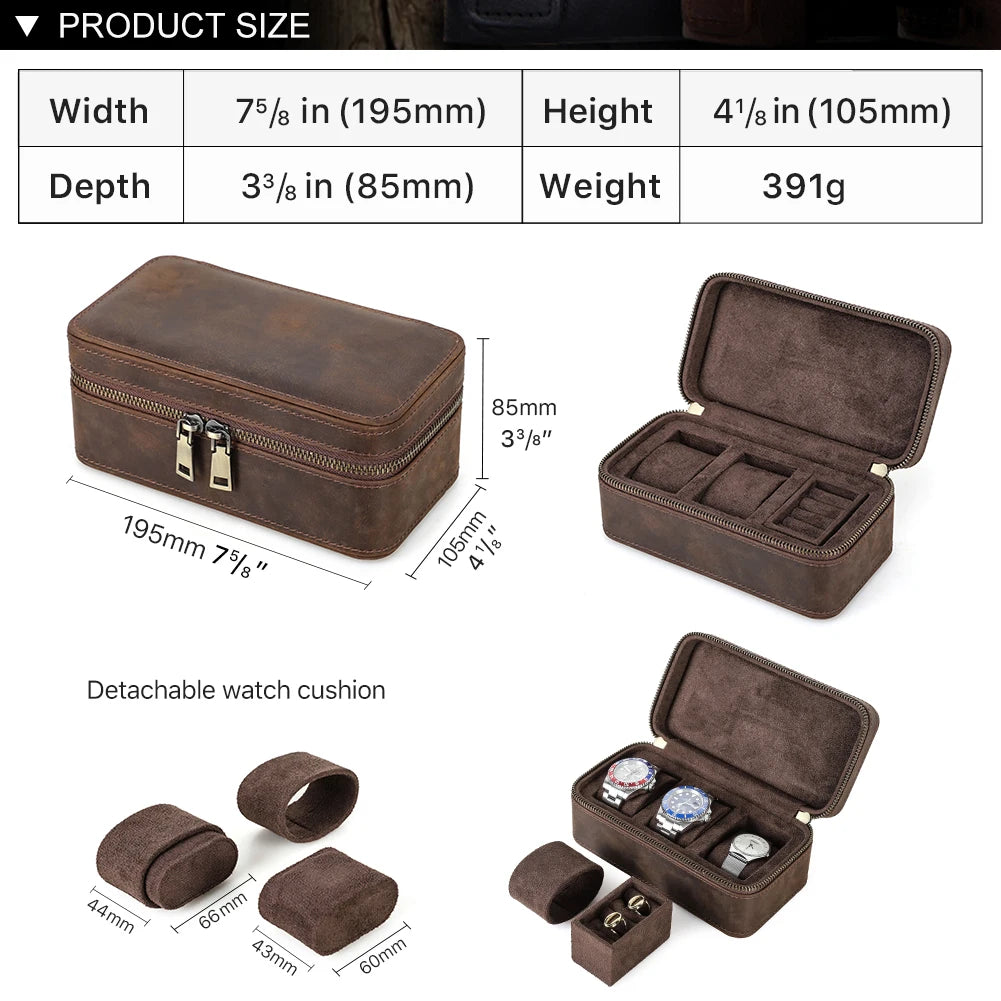 CONTACT'S FAMILY 3 Grids Genuine leather Watch Case Jewellery Travel Storage Box for Ring Earrings Cufflinks Men Women Best Gift