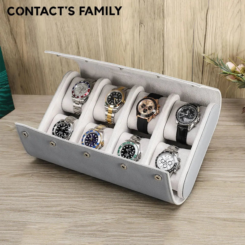 CONTACT'S FAMILY Classic Travel Storage Genuine Leather 8 Slots Watches Case Display Prevents Scratching Oxidation Watch Pouch