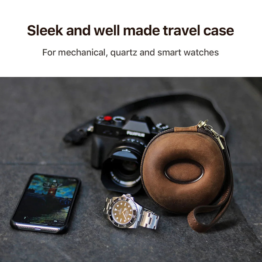 CONTACTS FAMILY Portable Travel Single Watch Case Genuine Leather Zipper Watch Storage Organizer Box Coin Bag Smartwatch Box