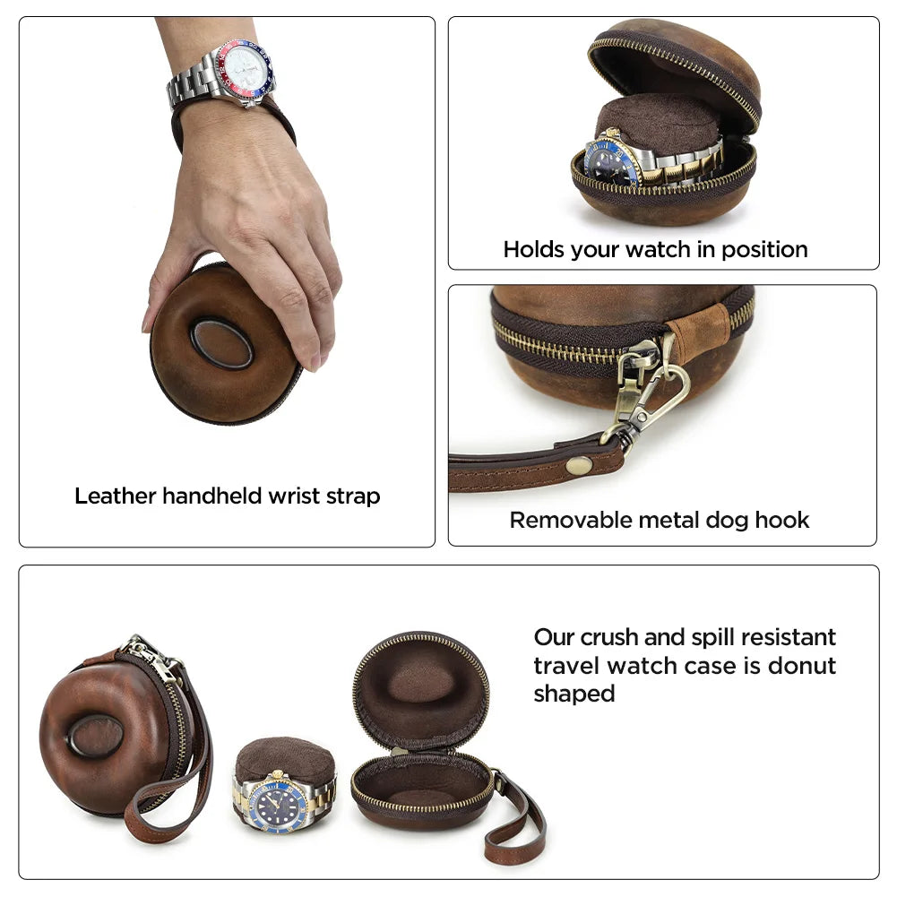 CONTACTS FAMILY Portable Travel Single Watch Case Genuine Leather Zipper Watch Storage Organizer Box Coin Bag Smartwatch Box