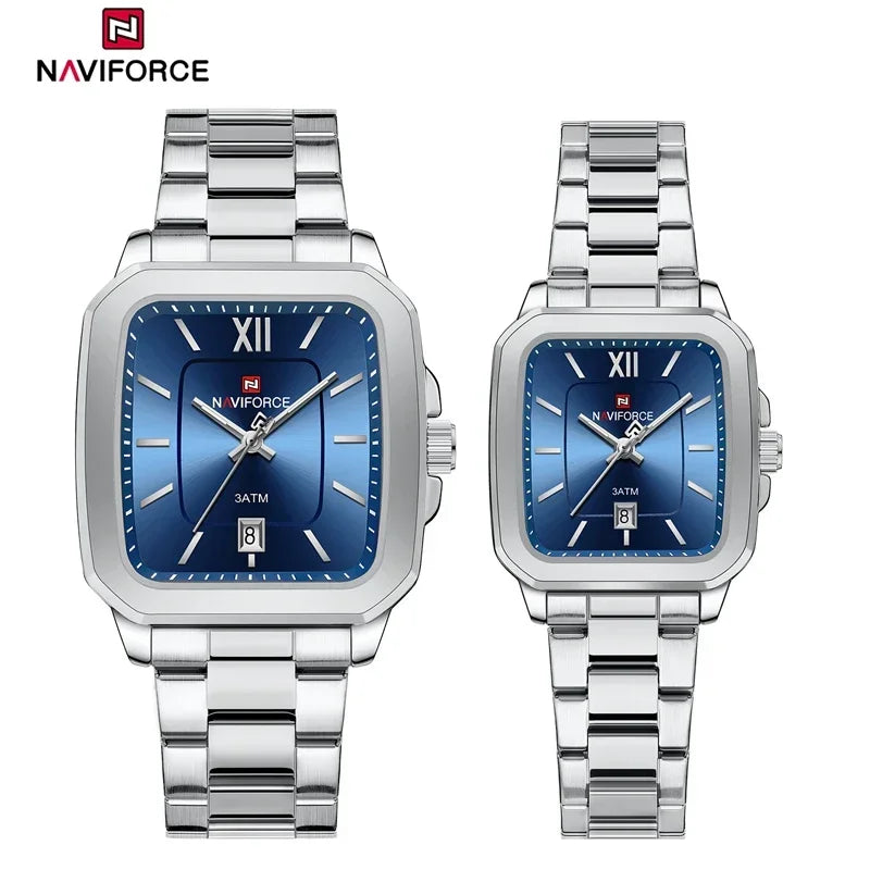 NAVIFORCE Men Quartz Watch Waterproof Casual Couple Watch Wear Resistant Stainless Strap Square Dial Design Women Lover Gift