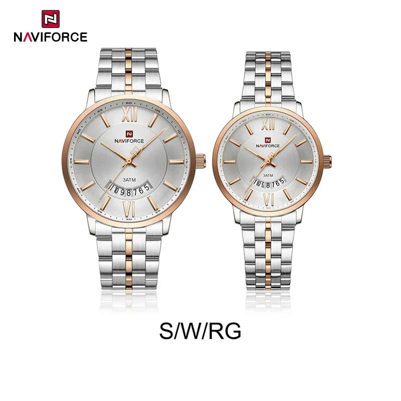 NAVIFORCE Luxury Couple Watch Golden Fashion Stainless Steel Lovers Watch Quartz Wrist Watches For Women Men Simple Wristwatch