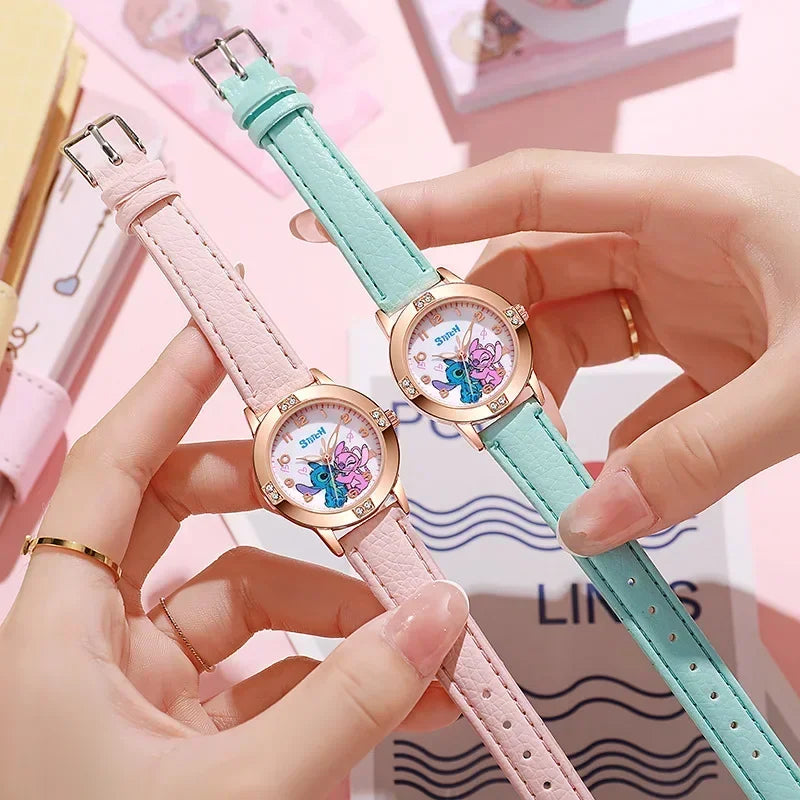 Disney Children's Watches Kids Boys Girls Cute Cartoon Stitch Imitation Diamond Wristwatch Belt Student Quartz Watch Gift