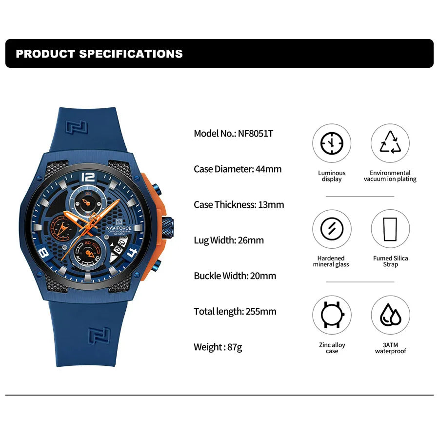 NAVIFORCE High Quality Luxury Original Men Watch Silicone Strap Waterproof Male Quartz Wrist watch Sport Clock Relogio Masculino