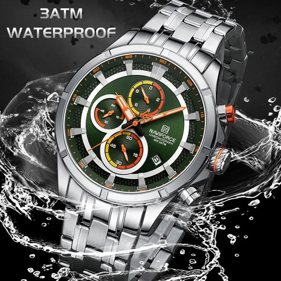 NAVIFORCE Luxury Brand Watch for Men Stainless Steel Strap Chronograph Clock Male Sport Casual Waterproof Quartz Wristwatch 2024