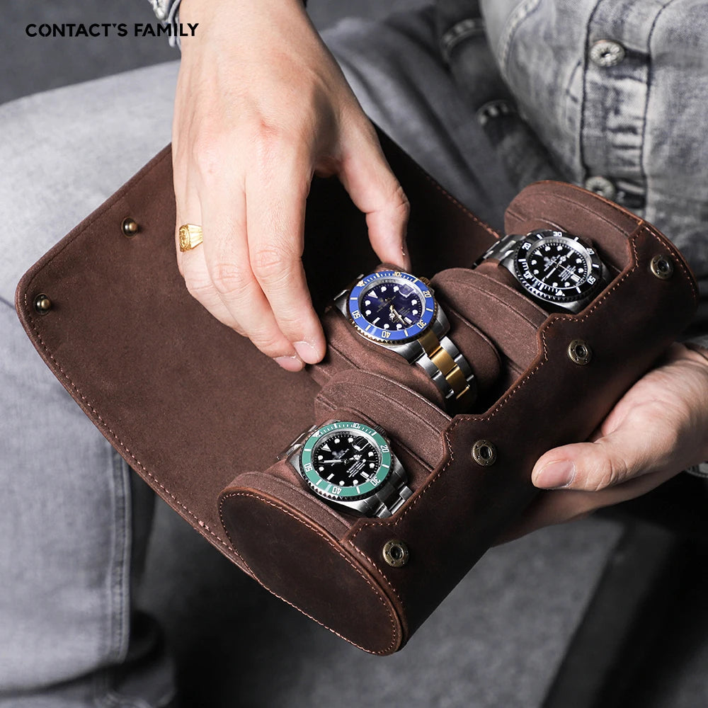 CONTACT'S FAMILY 3 Grids Genuine leather Watch box Men Watches Travel Storage and Packaging Wristwatch Case High Quality Gift