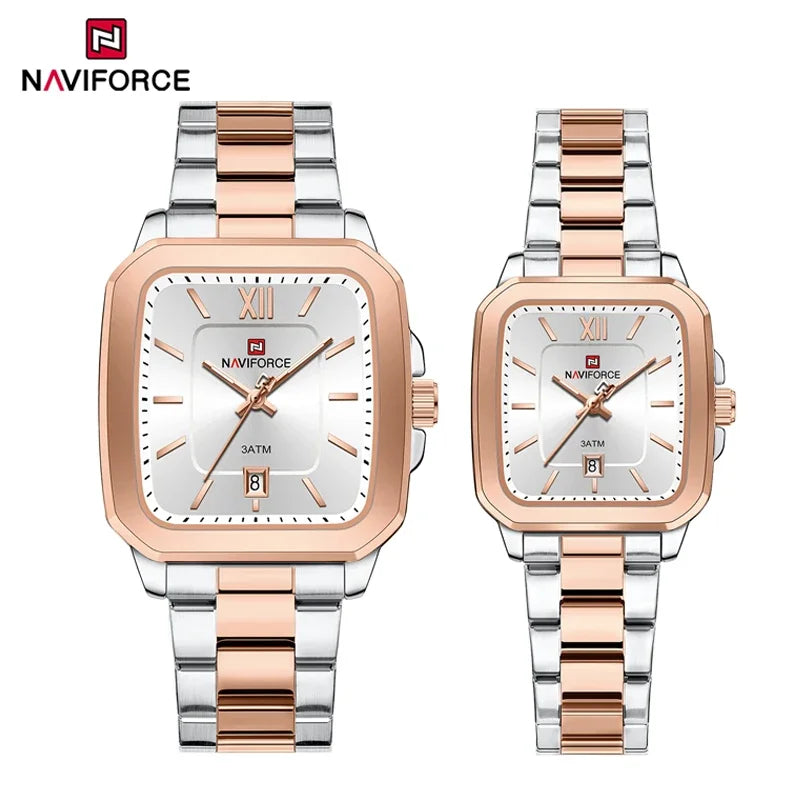 NAVIFORCE Men Quartz Watch Waterproof Casual Couple Watch Wear Resistant Stainless Strap Square Dial Design Women Lover Gift