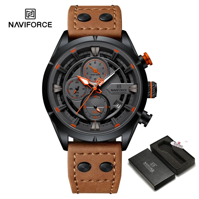 NAVIFORCE Men Casual Watch Fashion Luxury Waterproof Genuine Leather Strap Male Chronograph Quartz WristWatch Relogio Masculino