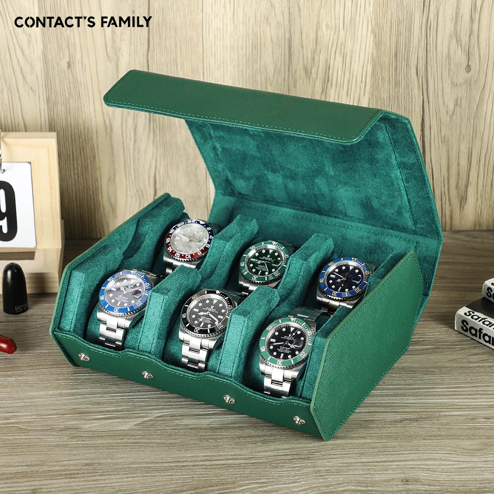 Exquisite Green Genuine Leather Hexagon Watch Display Case 2 / 3 / 4 / 6 / 8 Slots Watches Roll Box Storage Organizer Holder