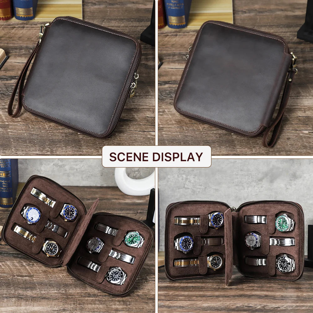 2/4/6/8 Slots Watch Storage Box, Carry Case, Watch Display Organizer, Watch Box Holder Display Genuine Leather Zipper Watch Case✅