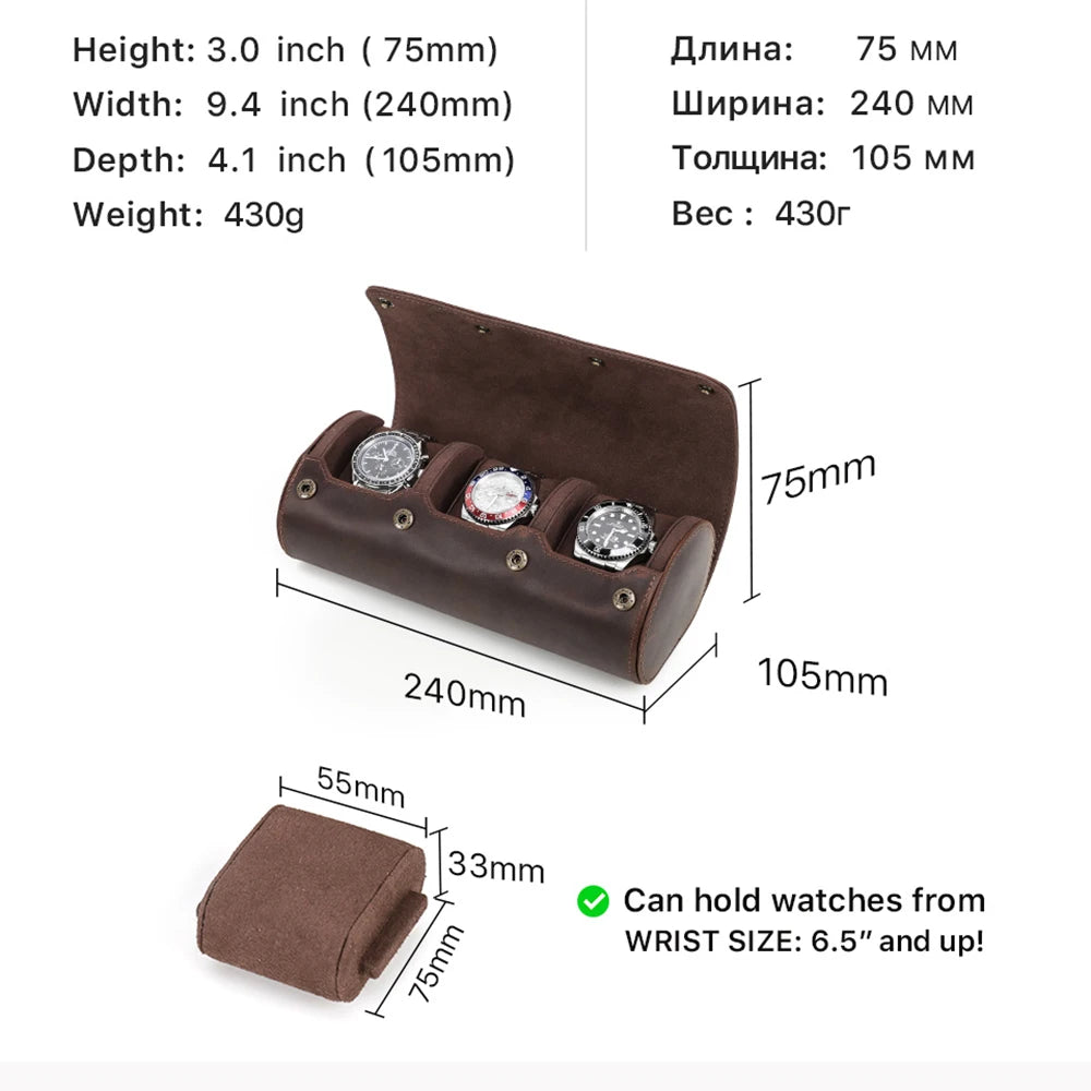 CONTACT'S FAMILY 3 Grids Genuine leather Watch box Men Watches Travel Storage and Packaging Wristwatch Case High Quality Gift