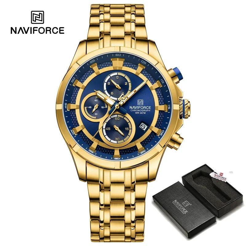 NAVIFORCE Luxury Brand Watch for Men Stainless Steel Strap Chronograph Clock Male Sport Casual Waterproof Quartz Wristwatch 2024