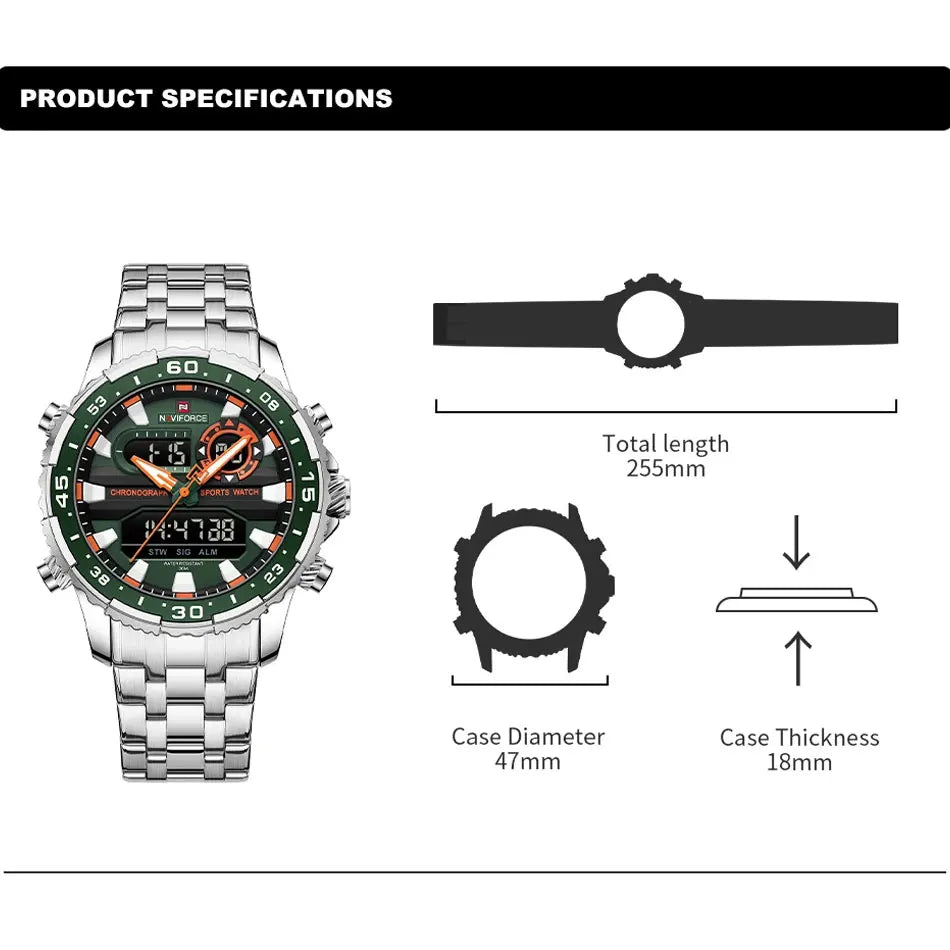 NAVIFORCE Original Watches for Men Analog Digital Sport Quartz Wrist Watch Male Military Luminous Waterproof Steel Alarm Clock