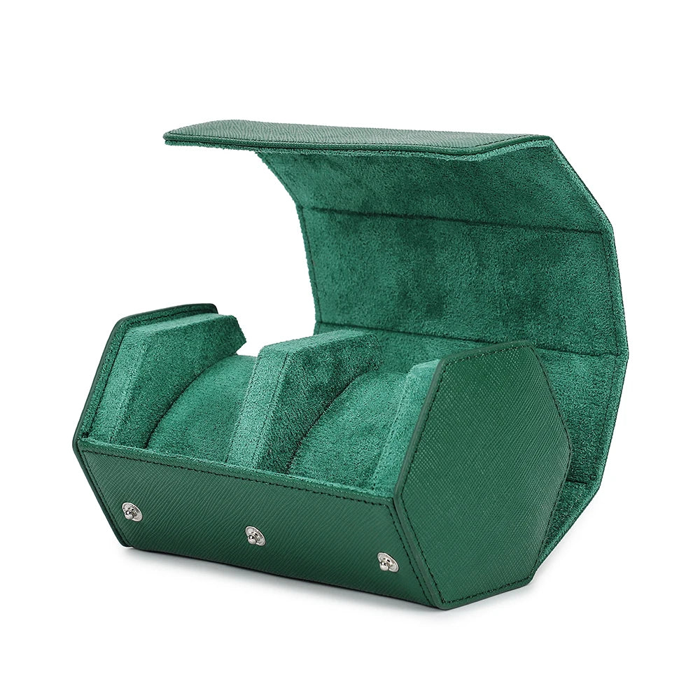 Exquisite Green Genuine Leather Hexagon Watch Display Case 2 / 3 / 4 / 6 / 8 Slots Watches Roll Box Storage Organizer Holder