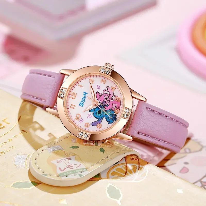 Disney Children's Watches Kids Boys Girls Cute Cartoon Stitch Imitation Diamond Wristwatch Belt Student Quartz Watch Gift