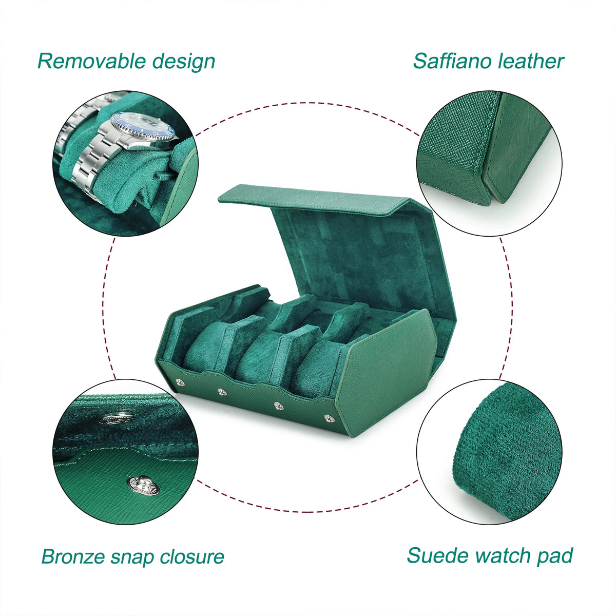 Exquisite Green Genuine Leather Hexagon Watch Display Case 2 / 3 / 4 / 6 / 8 Slots Watches Roll Box Storage Organizer Holder