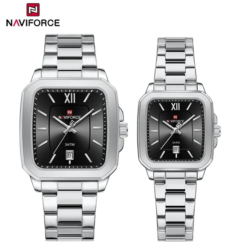 NAVIFORCE Men Quartz Watch Waterproof Casual Couple Watch Wear Resistant Stainless Strap Square Dial Design Women Lover Gift