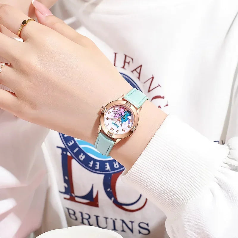 Disney Children's Watches Kids Boys Girls Cute Cartoon Stitch Imitation Diamond Wristwatch Belt Student Quartz Watch Gift