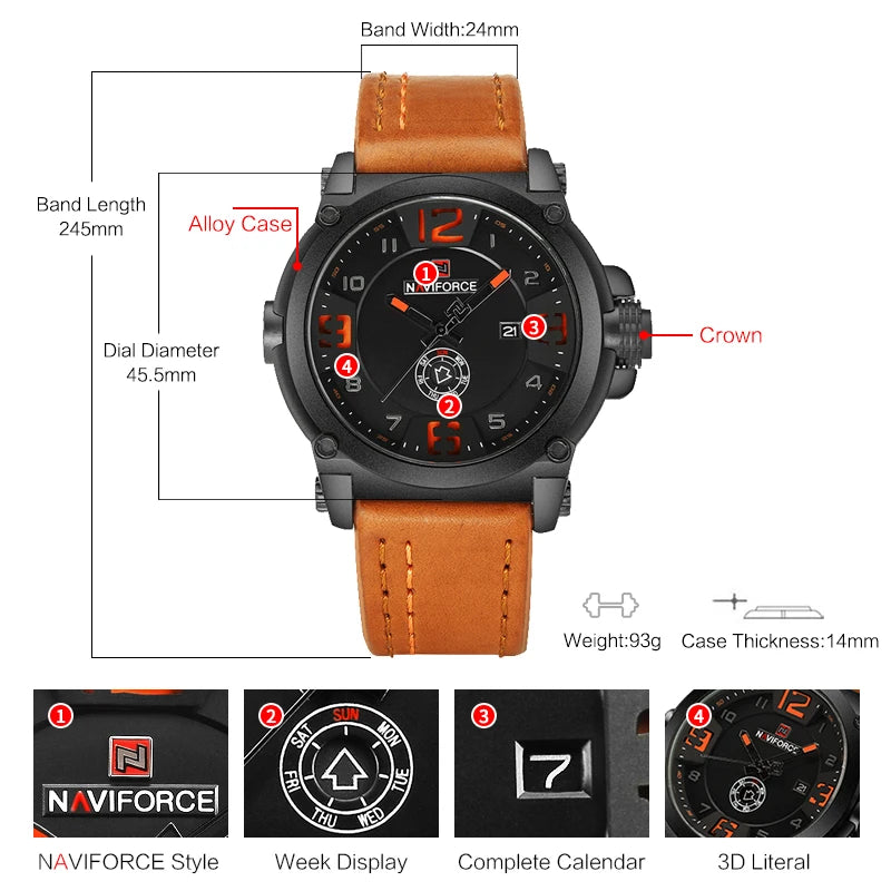 NAVIFORCE Luxury Brand Men Sports Military Quartz Watch for Man Analog Date Clock Leather Strap Wristwatch Relogio Free Shiping