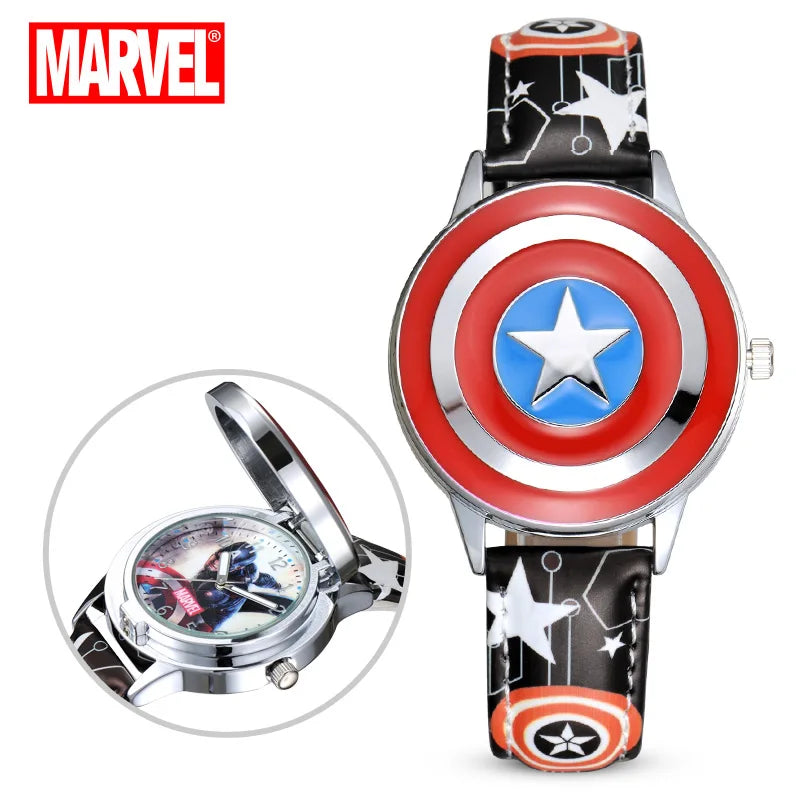 Disney spiderman Kids watch Captain America ironman children's watches Leather Quartz Flip Metal Case Watches Boys Clock gifts