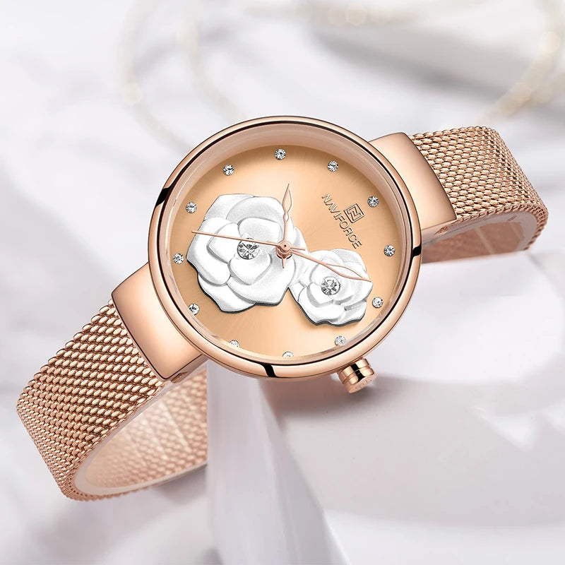 Women Watch NAVIFORCE Top Luxury Brand Steel Mesh Waterproof Ladies Watches Flower Quartz Female Wristwatch Charming Girl Clock