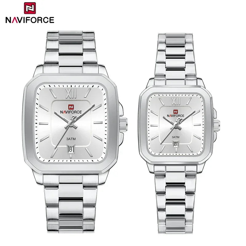 NAVIFORCE Men Quartz Watch Waterproof Casual Couple Watch Wear Resistant Stainless Strap Square Dial Design Women Lover Gift