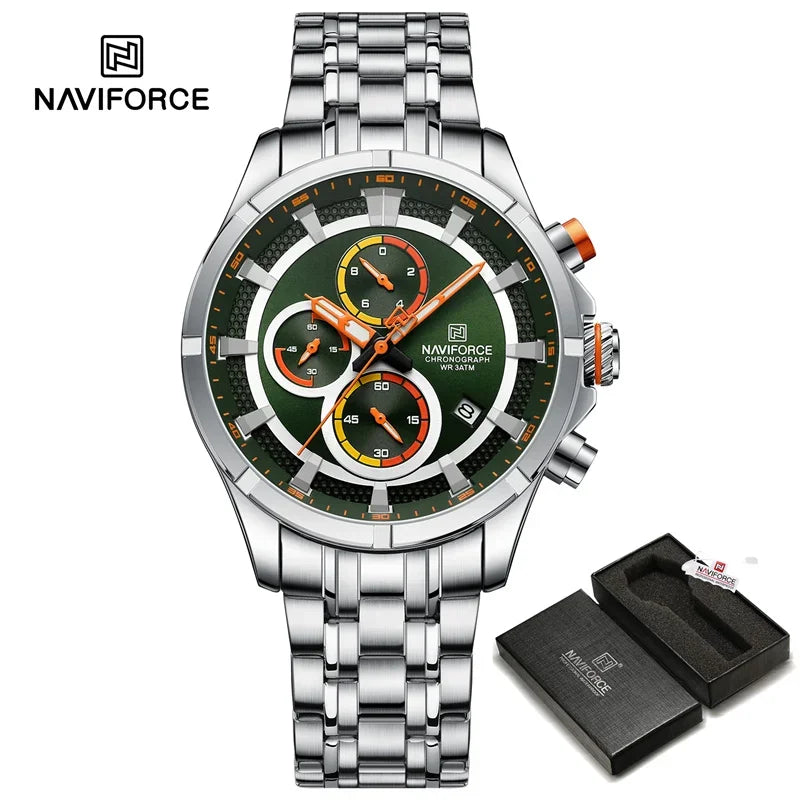 NAVIFORCE Luxury Brand Watch for Men Stainless Steel Strap Chronograph Clock Male Sport Casual Waterproof Quartz Wristwatch 2024