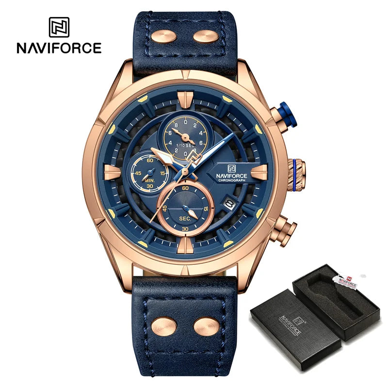 NAVIFORCE Men Casual Watch Fashion Luxury Waterproof Genuine Leather Strap Male Chronograph Quartz WristWatch Relogio Masculino