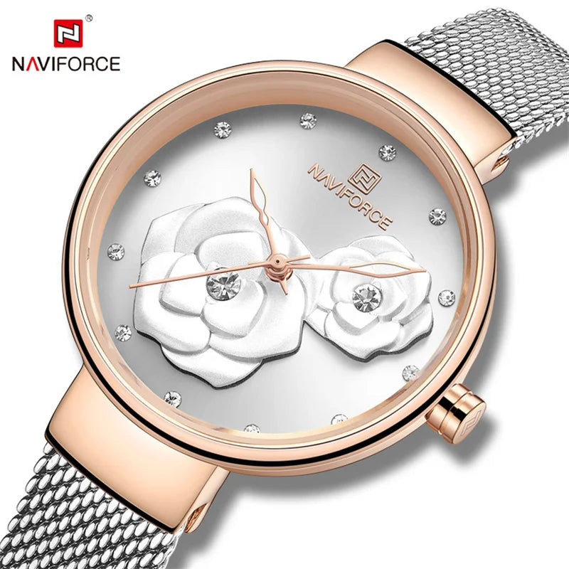 Women Watch NAVIFORCE Top Luxury Brand Steel Mesh Waterproof Ladies Watches Flower Quartz Female Wristwatch Charming Girl Clock