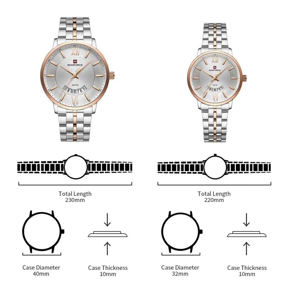 NAVIFORCE Luxury Couple Watch Golden Fashion Stainless Steel Lovers Watch Quartz Wrist Watches For Women Men Simple Wristwatch