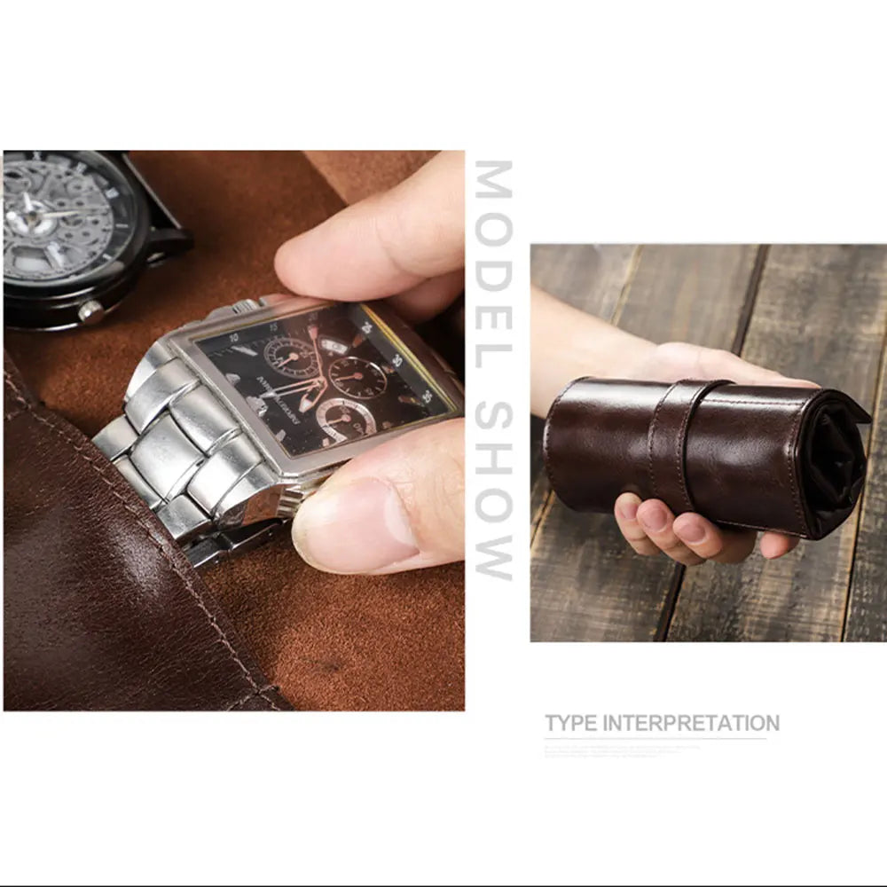 CONTACT'S FAMILY Luxury 100% Cowhide Leather 6 Slots Watches Roll Case Travel Portable Watch Holder Handmade Storage Organizer