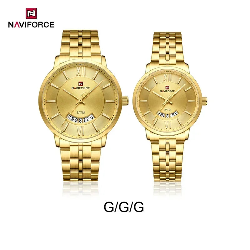 NAVIFORCE Luxury Couple Watch Golden Fashion Stainless Steel Lovers Watch Quartz Wrist Watches For Women Men Simple Wristwatch