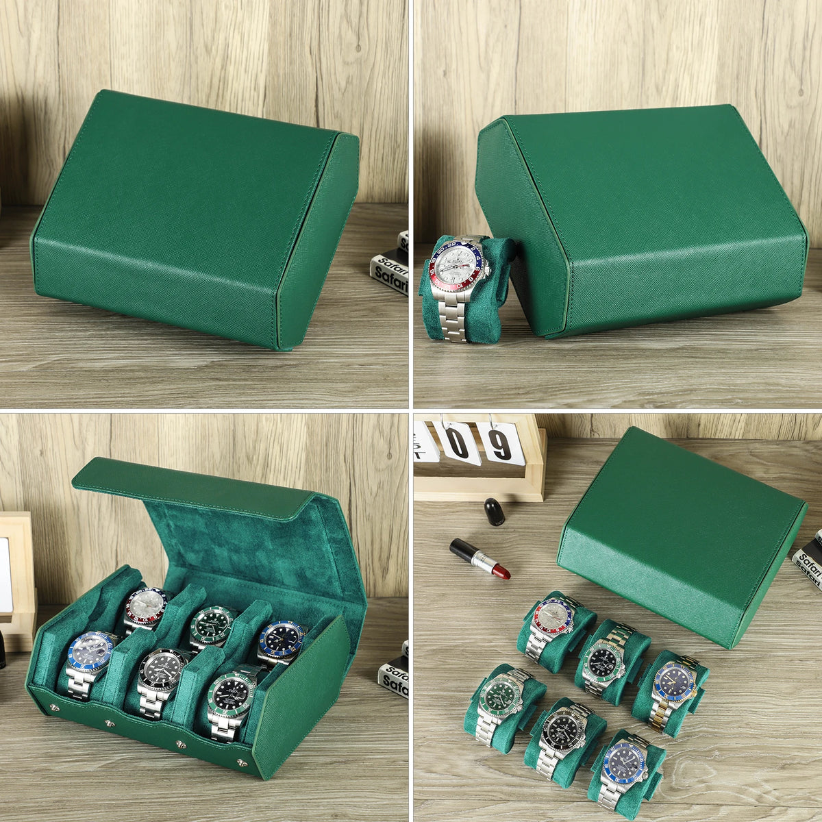 Exquisite Green Genuine Leather Hexagon Watch Display Case 2 / 3 / 4 / 6 / 8 Slots Watches Roll Box Storage Organizer Holder